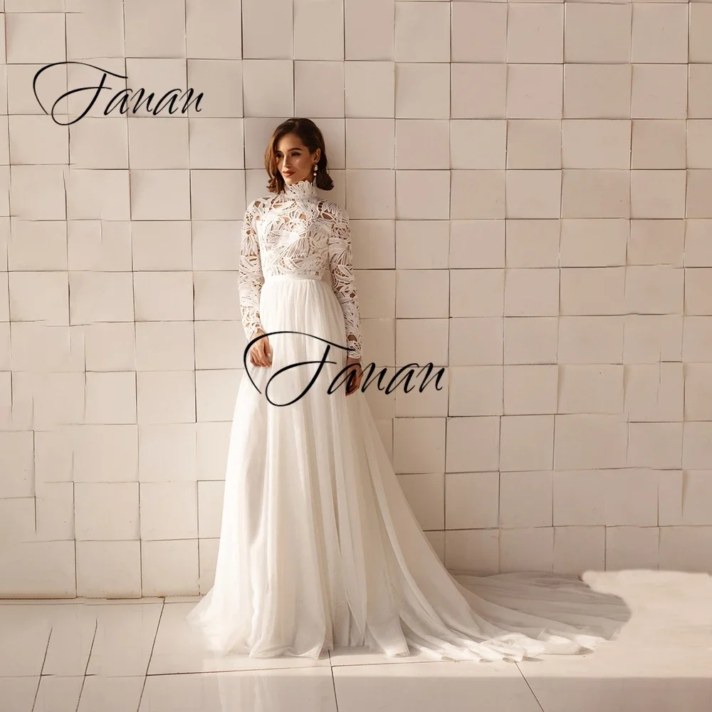 Vestido de Noiva Linha A sem Encosto com Apliques de Renda, Manga Comprida, Cabedal, até o chão, Robe de Casamento