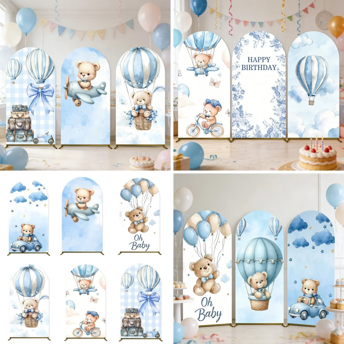 Heißluftballons Blauer Bären-Bogen Hintergrundbezug Neugeborenen-Babyparty Geburtstagsfeier Dekoration Elastischer Bogen-Hintergrund Fotostudio