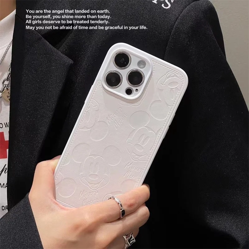 Disney Cartoon Mickey Mouse Zachte Telefoon Case Voor iPhone 11 12 13 14 15 16 17 Pro Max X XR Leuke 3D Reliëf Lederen Cover Funda