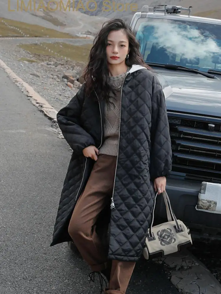 Chaqueta larga de algodón con capucha para mujer, abrigo frío de Color sólido, camisa de celosía de diamantes, abrigos para Parkas, ropa femenina,