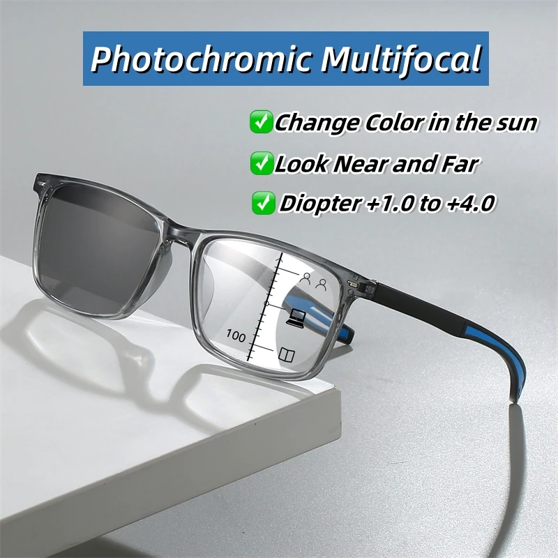 Progressive Photochromic Multifocal Reading Glasses 3 in 1 Outdoor Bifocal Sunglasses TR90 Sports Anti Blue Near Far Eyeglasses