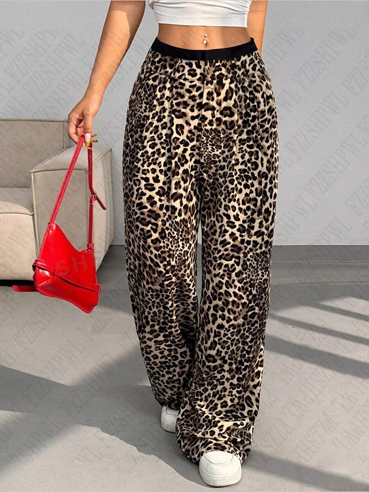 Leopard pattern straight casual trousers chic 90S bottoms rock aesthetic retros punks high street american silm women's trousers