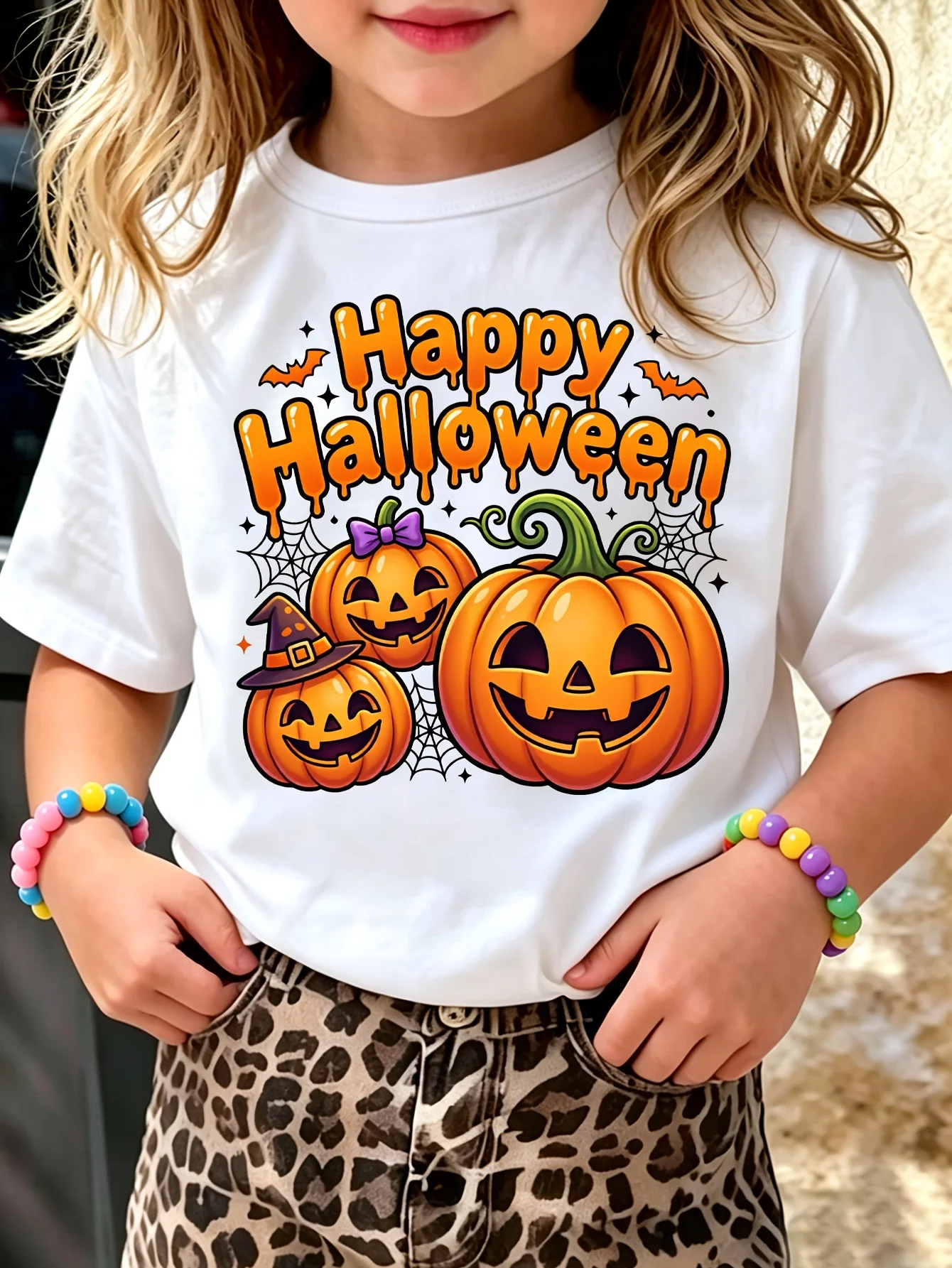 Kids Happy Halloween Pumpkin Witch Hat Bat Graphic Tee Boys Girls Family Matching Short Sleeve Holiday Casual Daily T Shirt
