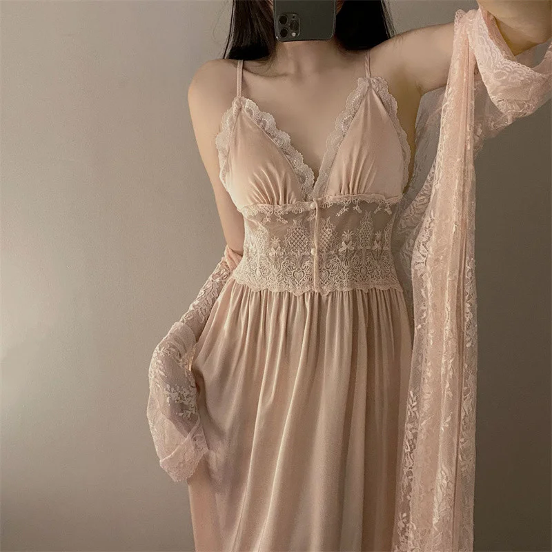 Sexy Two Piece Dress Set Spring Summer Sleepwear Lingerie Lace Sling Long Sleeve Nightdress Women Pijama Suit Ladies Nightgowns