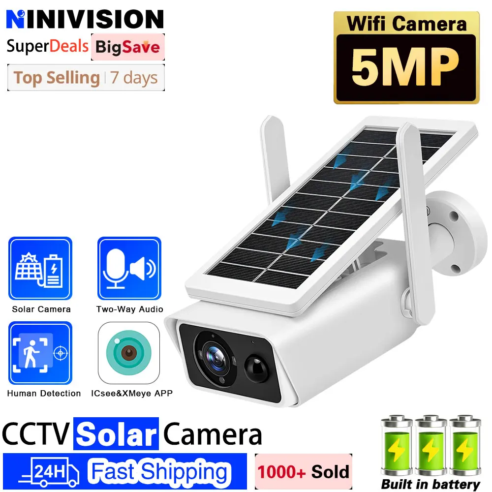 

5MP HD WiFi Camera Outdoor Solar Panel Wireless Security Camera Battery Powered PIR Motion IP66 CCTV Surveillance Camera iCSee