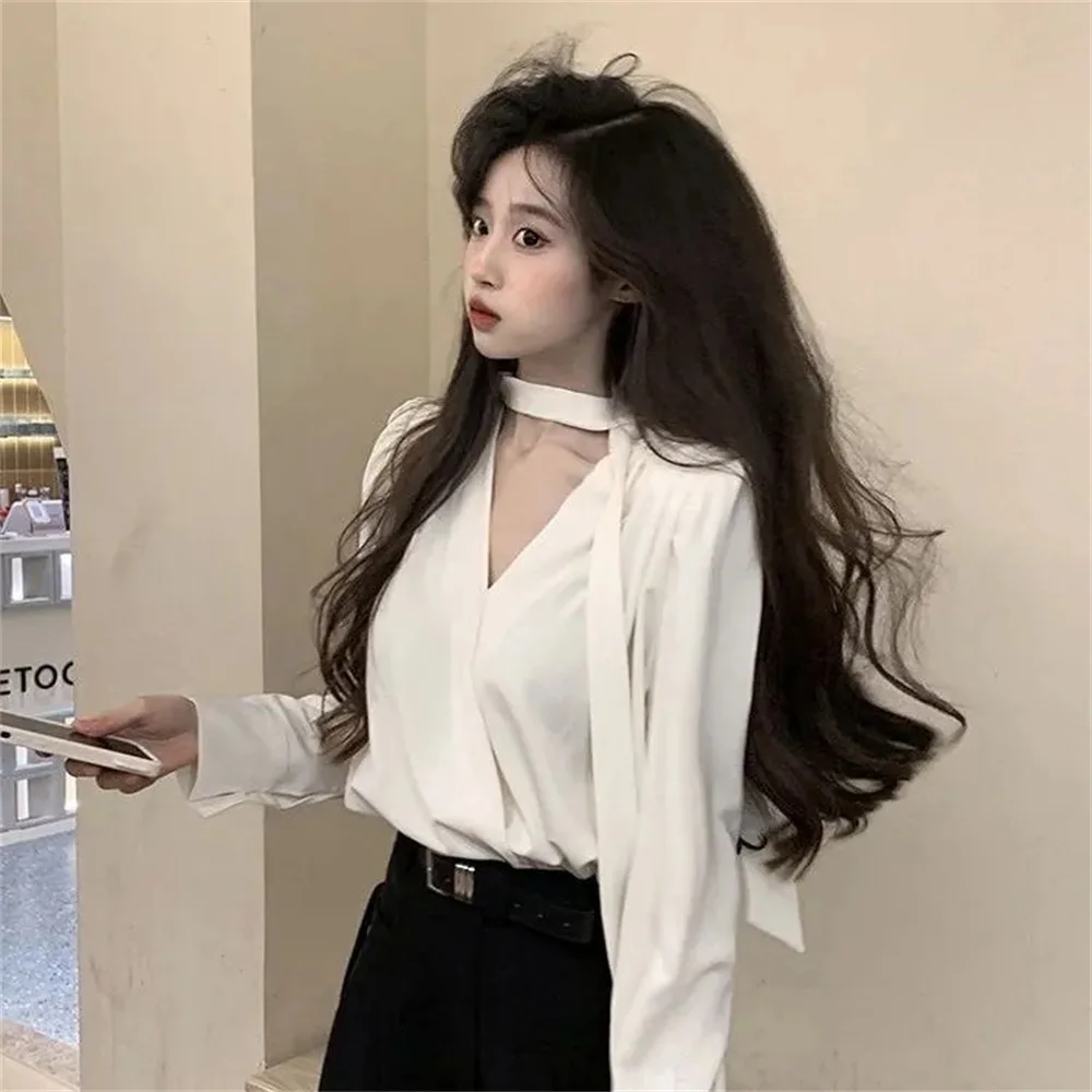 V-Neck Blouse Women Korean Hang Neck Ribbon Long Sleeve Shirts Black White Loose Office Shirt Y2k Chic Ladies Elegant Trends