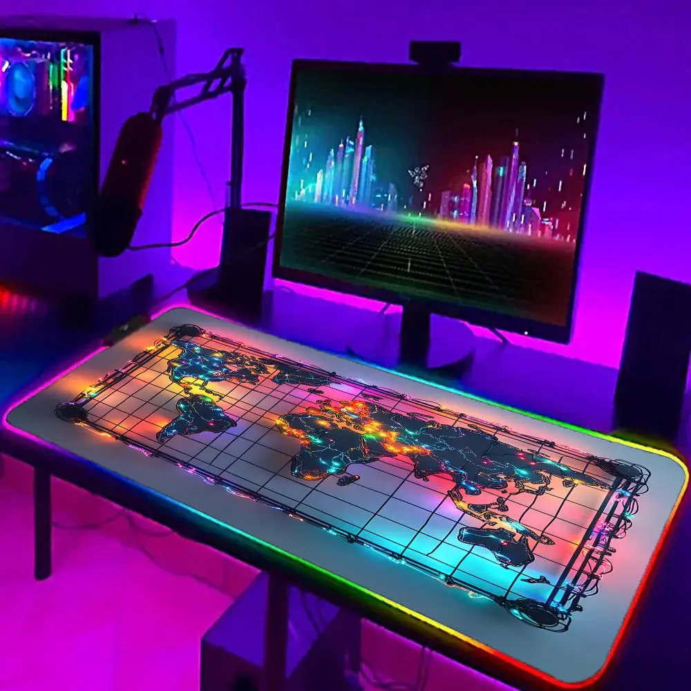 

Vibrant Neon World Map RGB Gaming Mouse Pad Desk Mat Gamer Accessories Large LED Light Mousepad PC Computer Carpet with Backlit