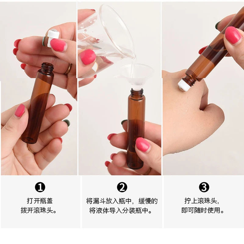 5 pz 3ML 5ML 10ML rotolo di vetro ambrato su bottiglia a rullo con contenitori per bottiglie di profumo di oli essenziali riutilizzabili in acciaio inossidabile