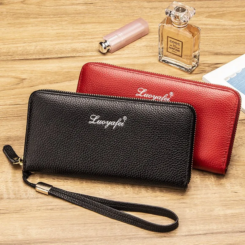 ladies-long-wallet-new-style-top-layer-cowhide-black-vertical-genuine-leather-large-capacity-card-holder-hand-bag-zipper-soli