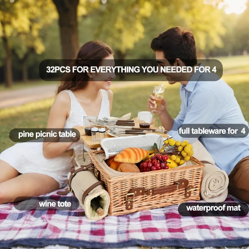 مجموعة سلة نزهة من الخيزران تتسع لـ 4 أشخاص مع بطانية معزولة وطاولة قابلة للفصل وأدوات مائدة كاملة للتخييم للأزواج في الهواء الطلق