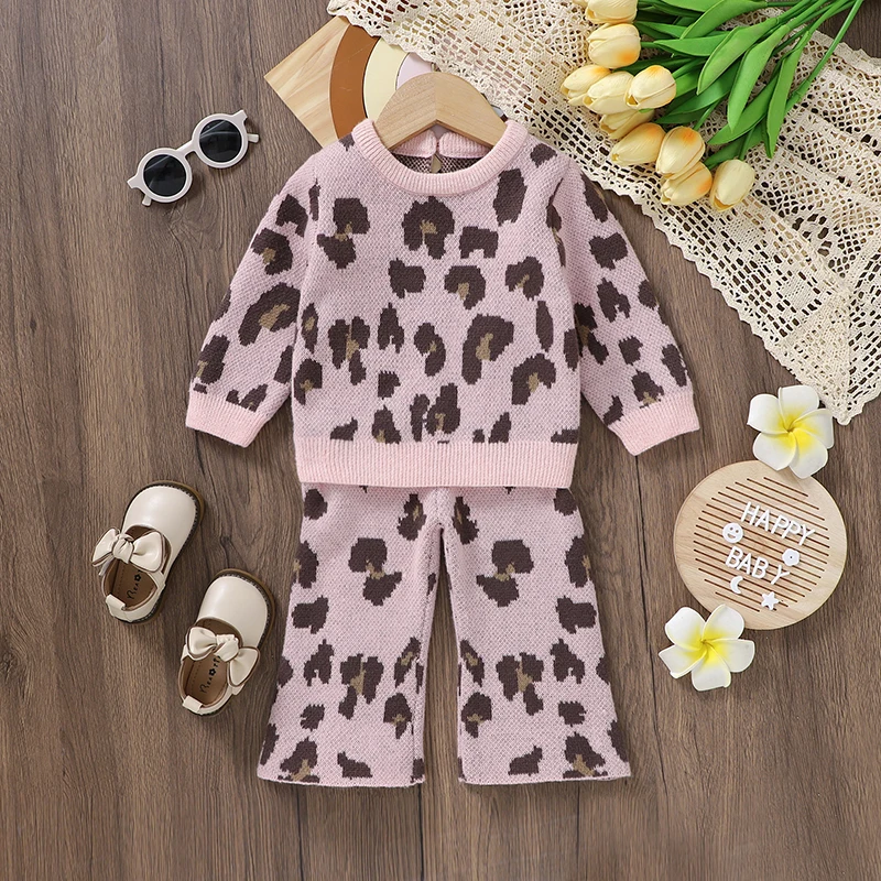 Baby Clothes Sets Knitted Infant Girl Sweater +Pants Fashion Leopard Newborn Children Long Sleeve Pullover +Trousers 2PCS Autumn