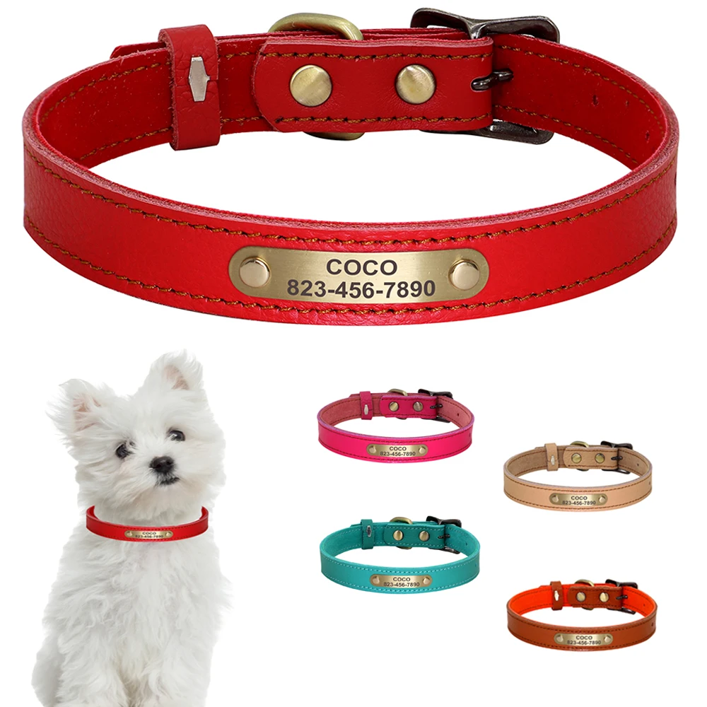 Custom Dog Collar Adjustable Puppy Cat Collars Real Leather Pet Chihuahua Collars Necklace Anti-lost For Small Medium Dogs Cats