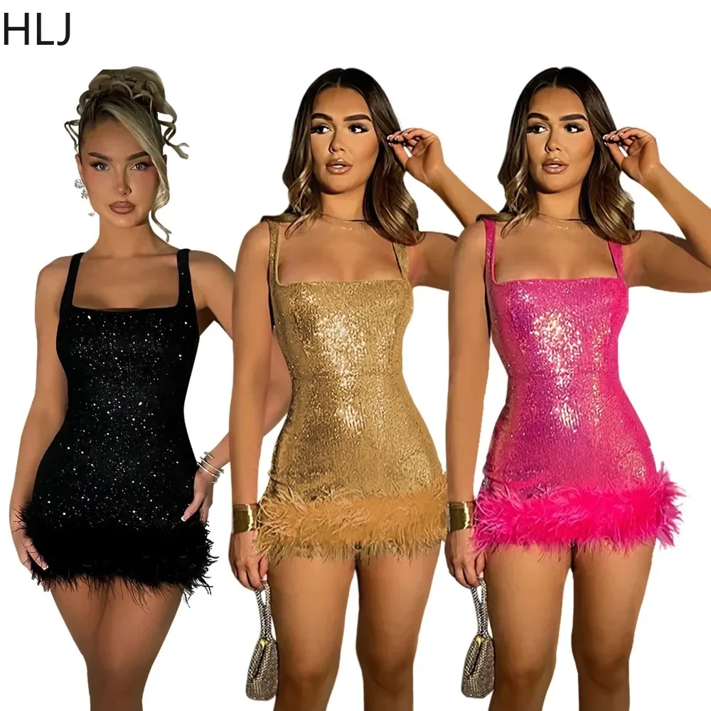 HLJ gaun Mini tali Spaghetti sambungan bulu payet Fashion gaun pesta ramping tanpa lengan wanita pakaian seksi