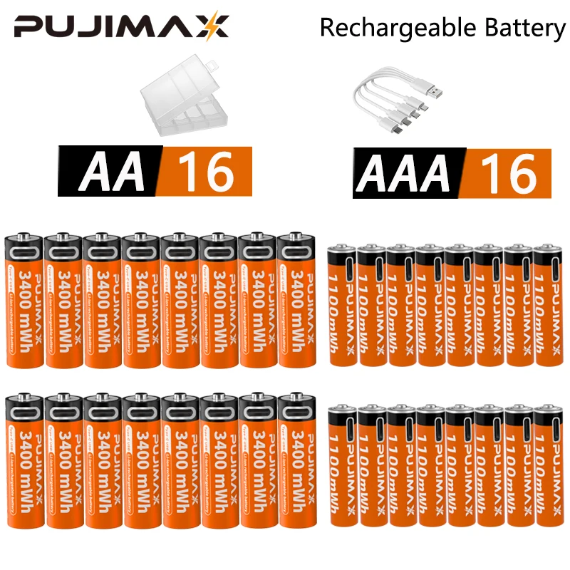 PUJIMAX AA+AAA Value-Added Battery Pack: 3400mAh + 1100mAh 1.5V Rechargeable Lithium-Ion Battery - USB-C Charging, Includes Char
