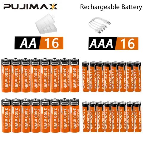 PUJIMAX AA+AAA Value-Added Battery Pack: 3400mAh + 1100mAh 1.5V Rechargeable Lithium-Ion Battery - USB-C Charging, Includes Char
