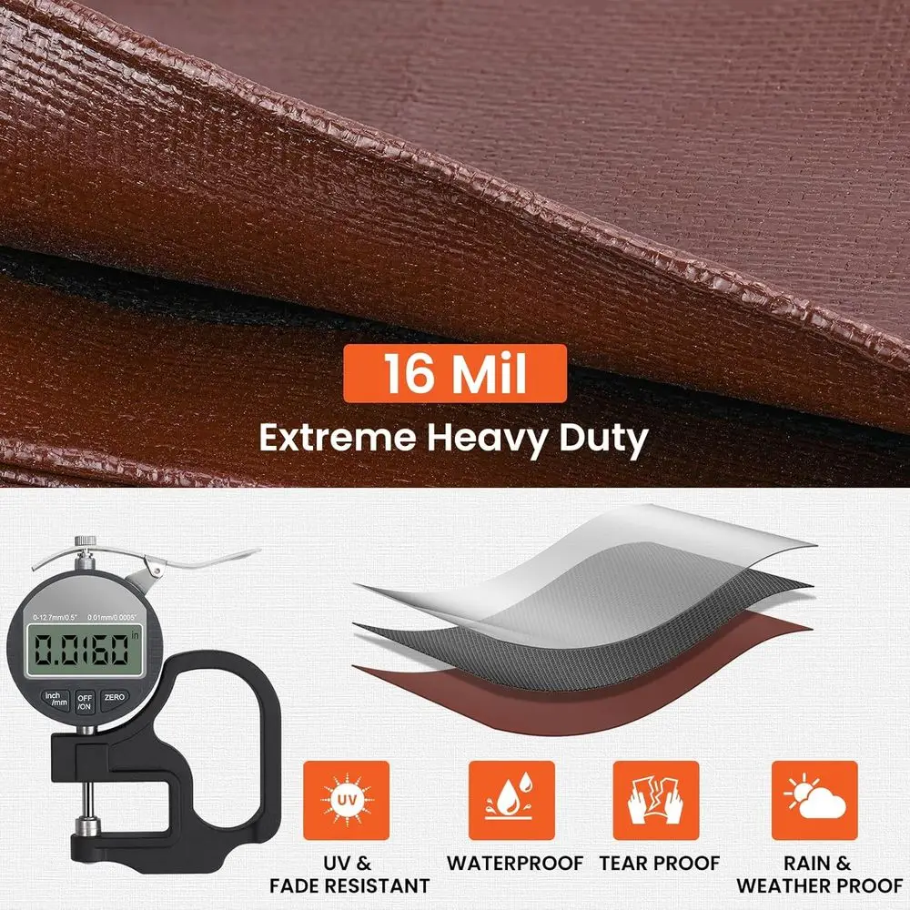 أقمشة قماشية مقاومة للماء شديدة التحمل بطول 16 قدم × 12 قدمًا مع حلقات نحاسية، حواف معززة، حماية من الأشعة فوق البنفسجية للأماكن الخارجية، والتخييم، وحمام السباحة، وCov السيارة