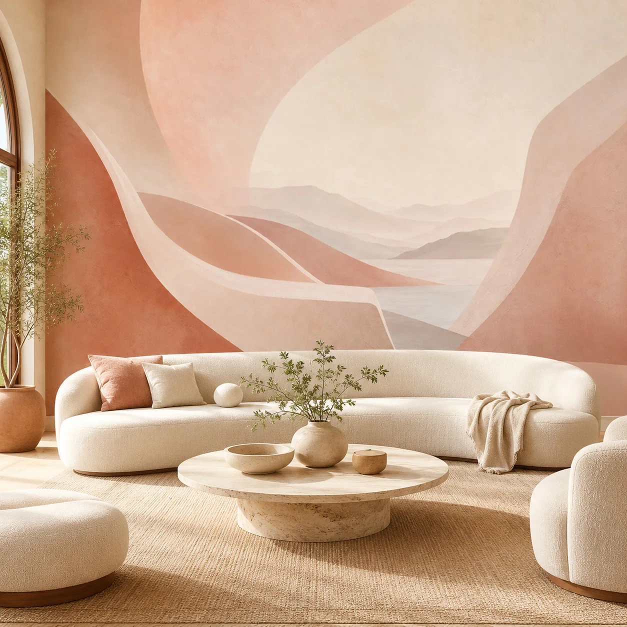 Neutral Abstract Mountain Mural Non-Pasted Wallpaper Terracotta Boho Bedroom Wall Decor, Not Peel & Stick