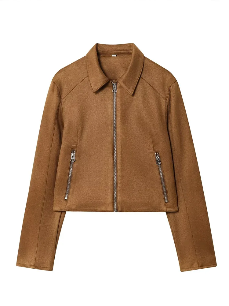 

European style new women's fashion versatile temperament simple solid color short pure leather jacket