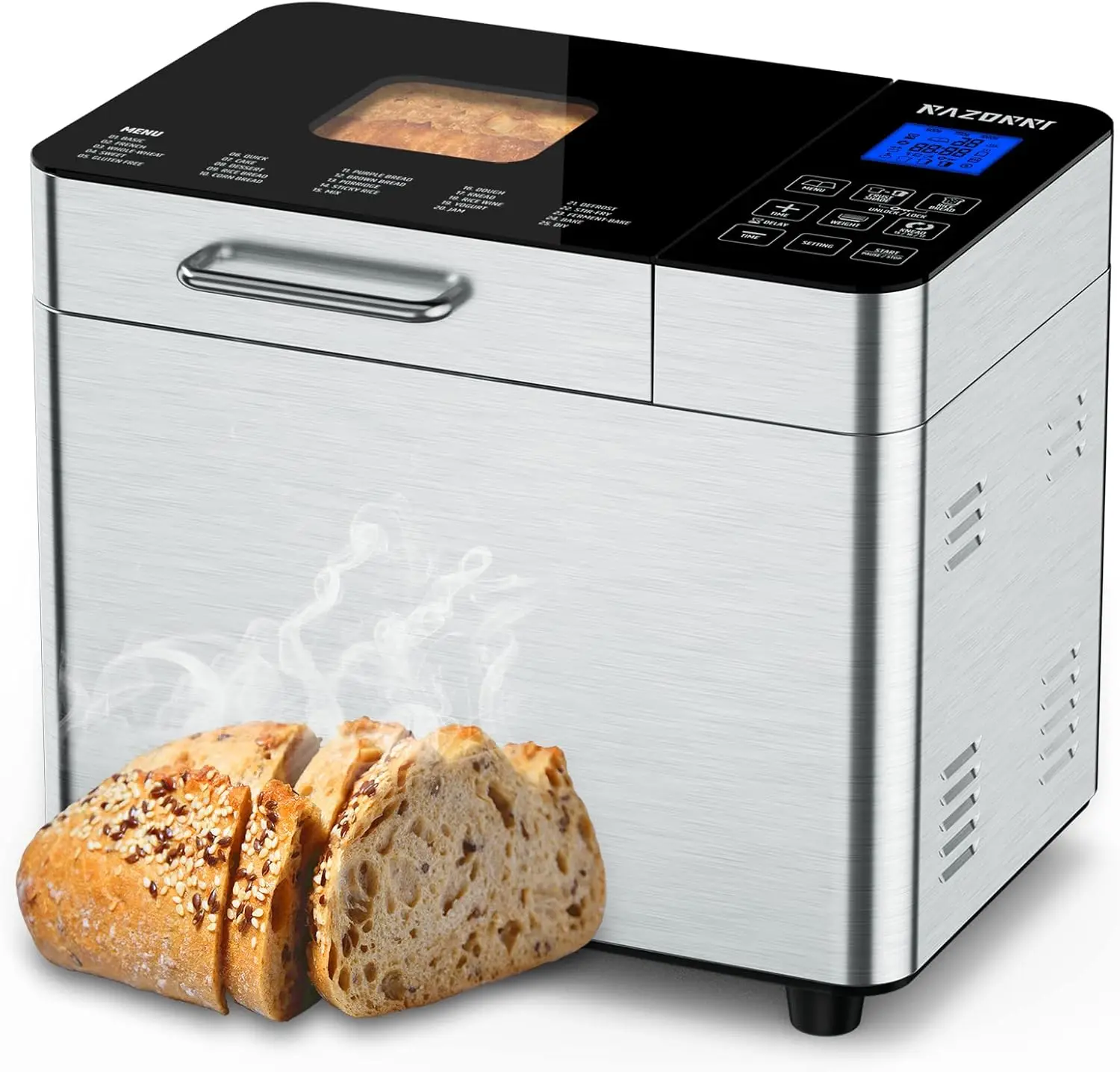 Máquina para hacer pan de acero inoxidable con certificación UL, sartén antiadherente para pan, casera, ajuste sin gluten, inicio retardado, mantiene el calor,