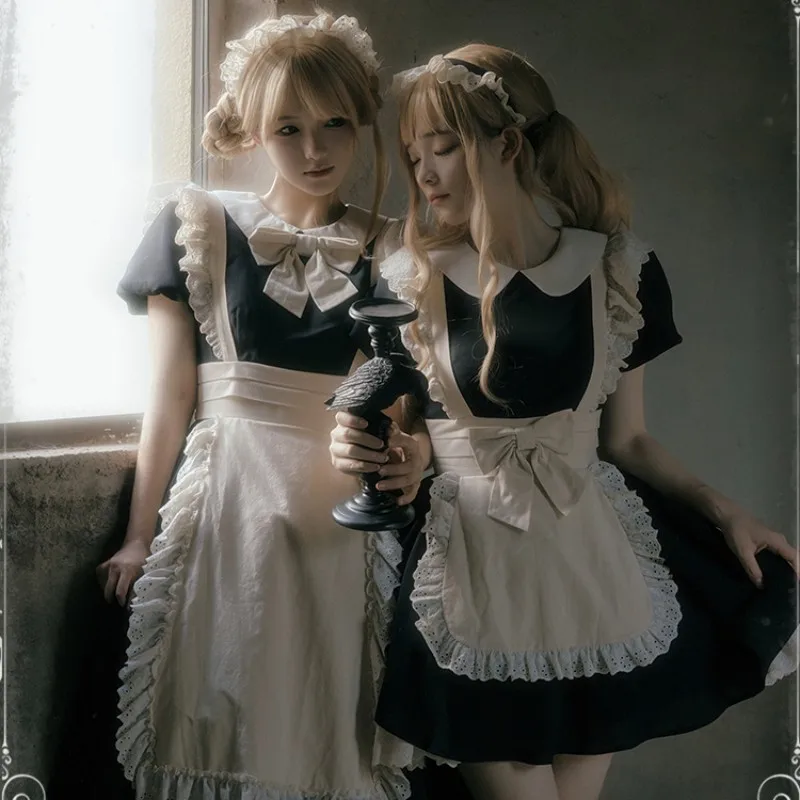 

Kawaii Lolita Maid Dress Pleated Lace Apron OP Dress Lace Fluffy Skirt Detachable Sleeves With Bow Tie