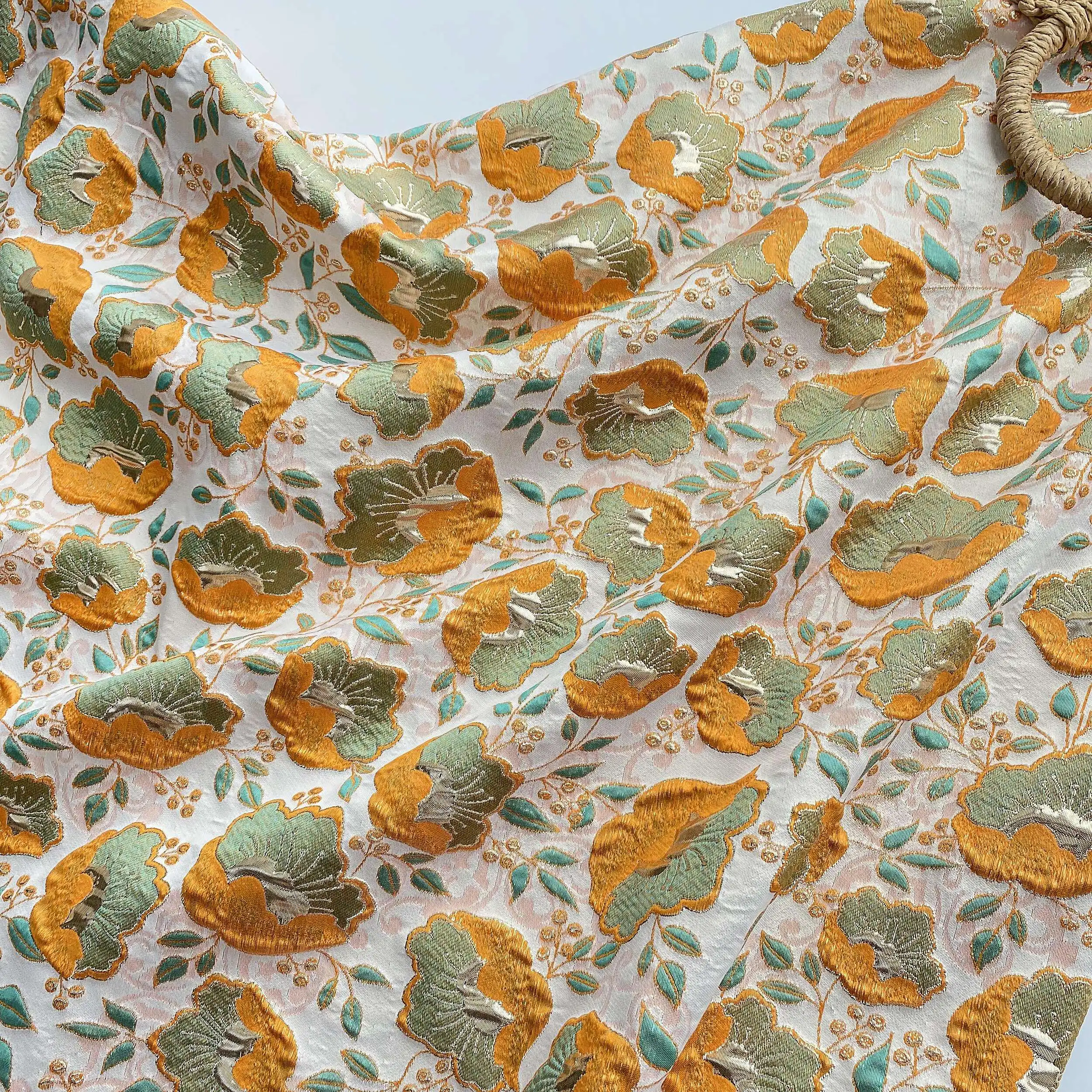 High quality fabrics Golden orange embossed flowers tissu Dress skirt dress accessories material