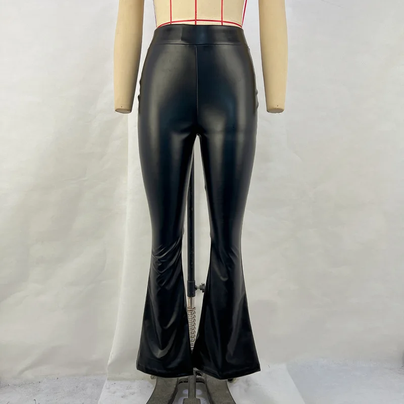 Women's PU Leather Flared Trousers Pants Black Sexy Skinny High Waist Casual Vintage Slim Elastic Tights Winter Autumn 2024