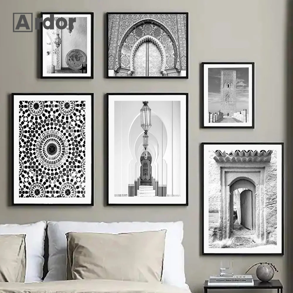 Black and White Islamic Mosque Landscape Poster Canvas Painting Muslin Building Print Wall Art Pictures Living Room Home Decor