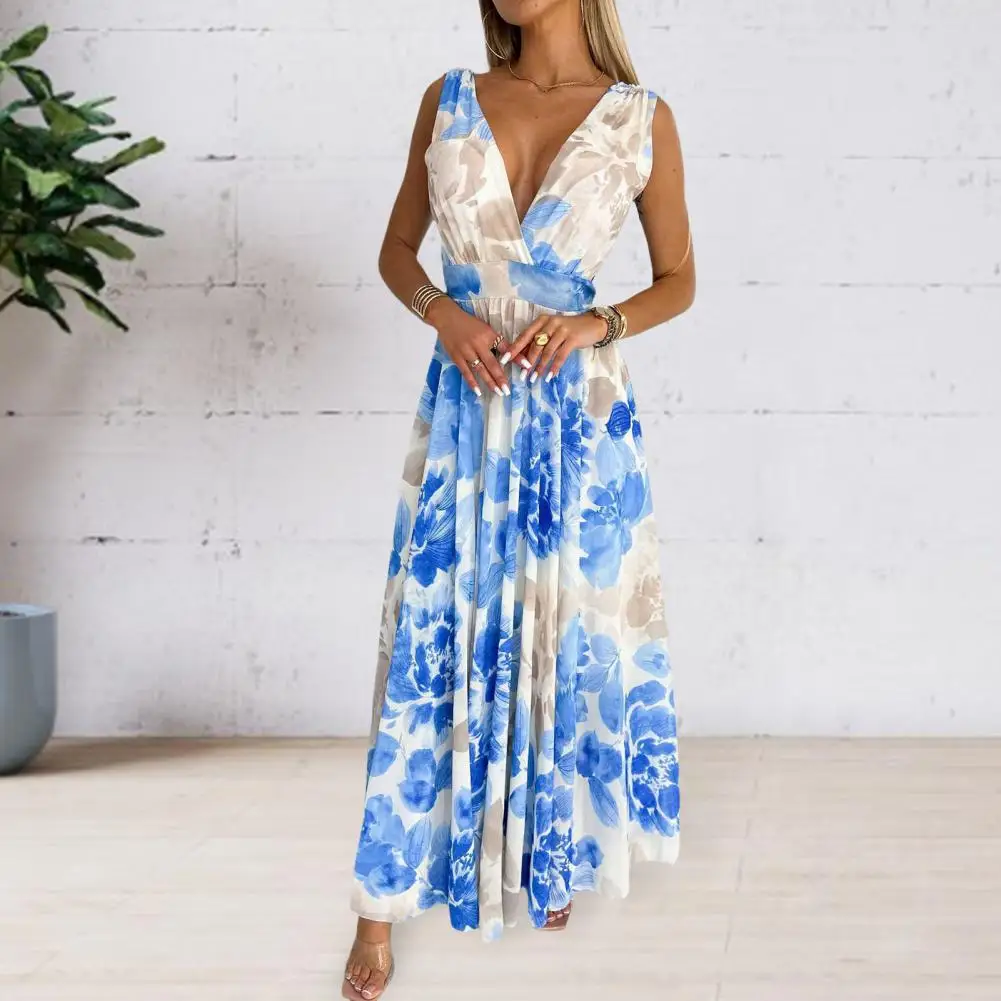 

Women Polyester Dress Elegant Women's V-neck Maxi Dress for Summer Vacation Beach Parties Sleeveless Casual Sundress