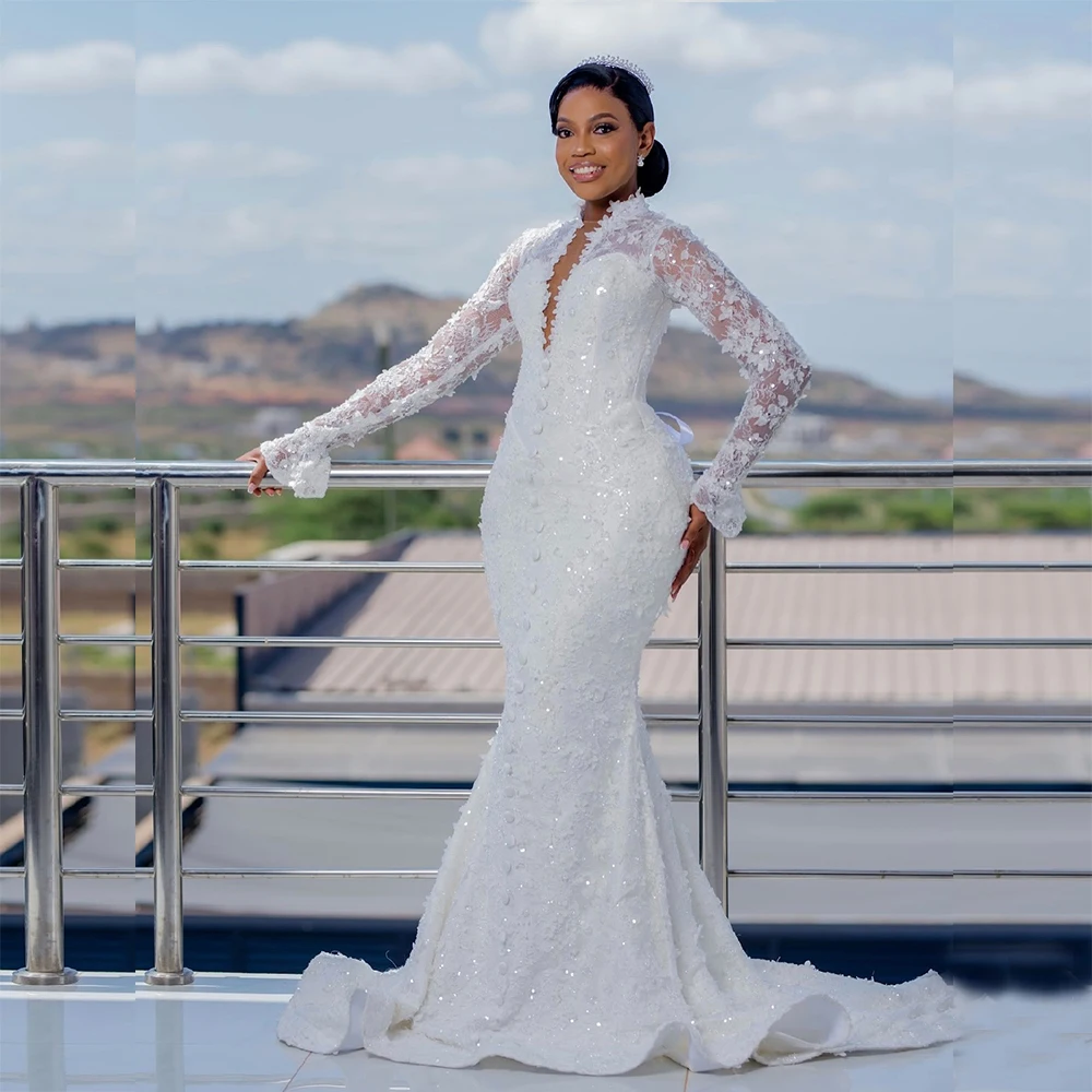 Shiny Lace Mermaid Wedding Dresses for Bride Long Sleeves Sweep Train 3D Flowers Sequined Nigeria African Bridal Gown Customized