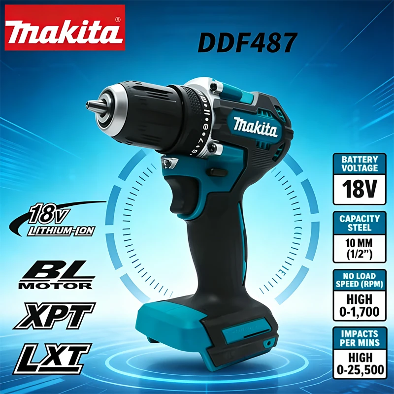Makita Ddf487 18V 6000mAh Akku-Bohrschrauber, bürstenlos, kompakt, hohes Drehmoment, variable Geschwindigkeit, Holzbearbeitungs-Elektrowerkzeug für Makita-Akku.