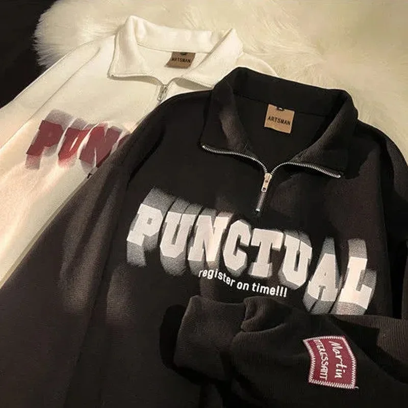

Korean Fashion Woman Men Polo Sweatshirt Spring Autumn Tide Brand Ins Letter Print Zipper Hooded Pullover Long Sleeve Tshirt Top