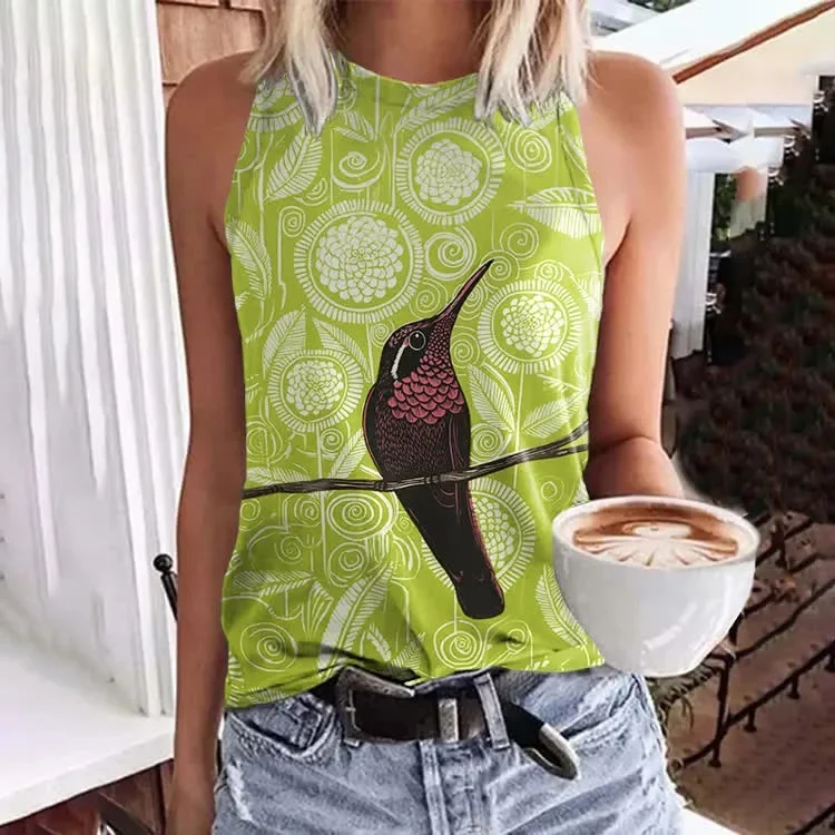 Vintage Geometric Flowers And Birds Pattern Print Crew Neck Tank Top Summer Women's Casual Vest