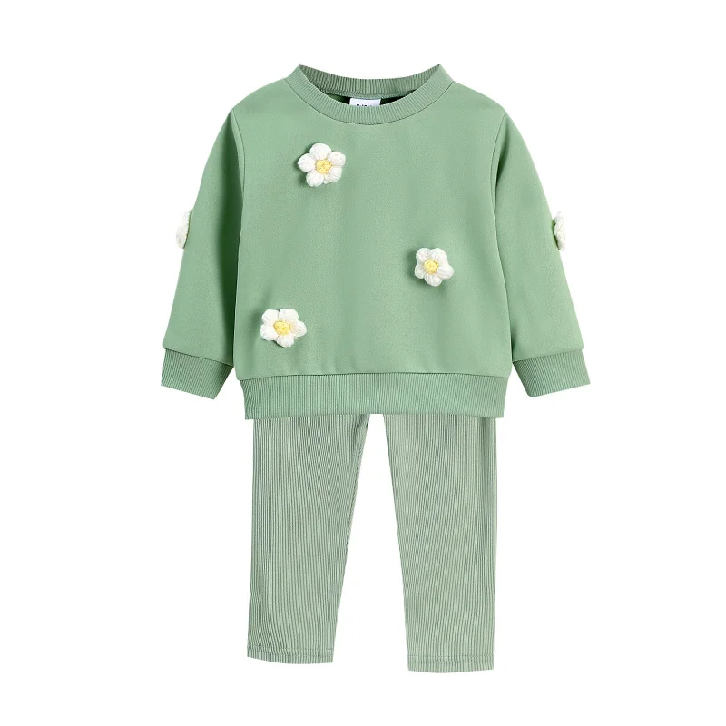 

Autumn Winter New Baby Toddler Green Round Neck Long Sleeve Flower Patch Sweatshirt Ribbed Long Pants Set