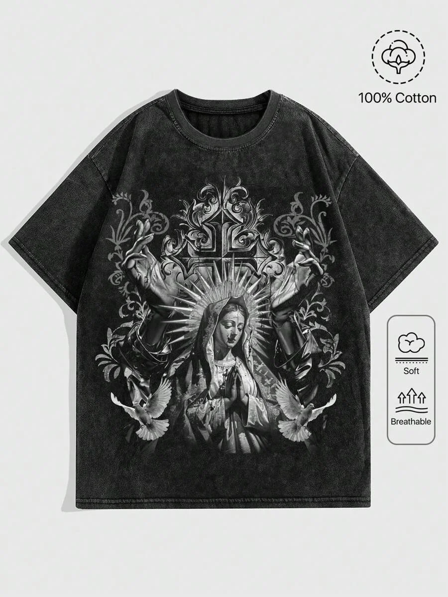 

Plus - Size Vintage Religious Graphic Tee, 100% Cotton Black Short - Sleeve with Madonna Print