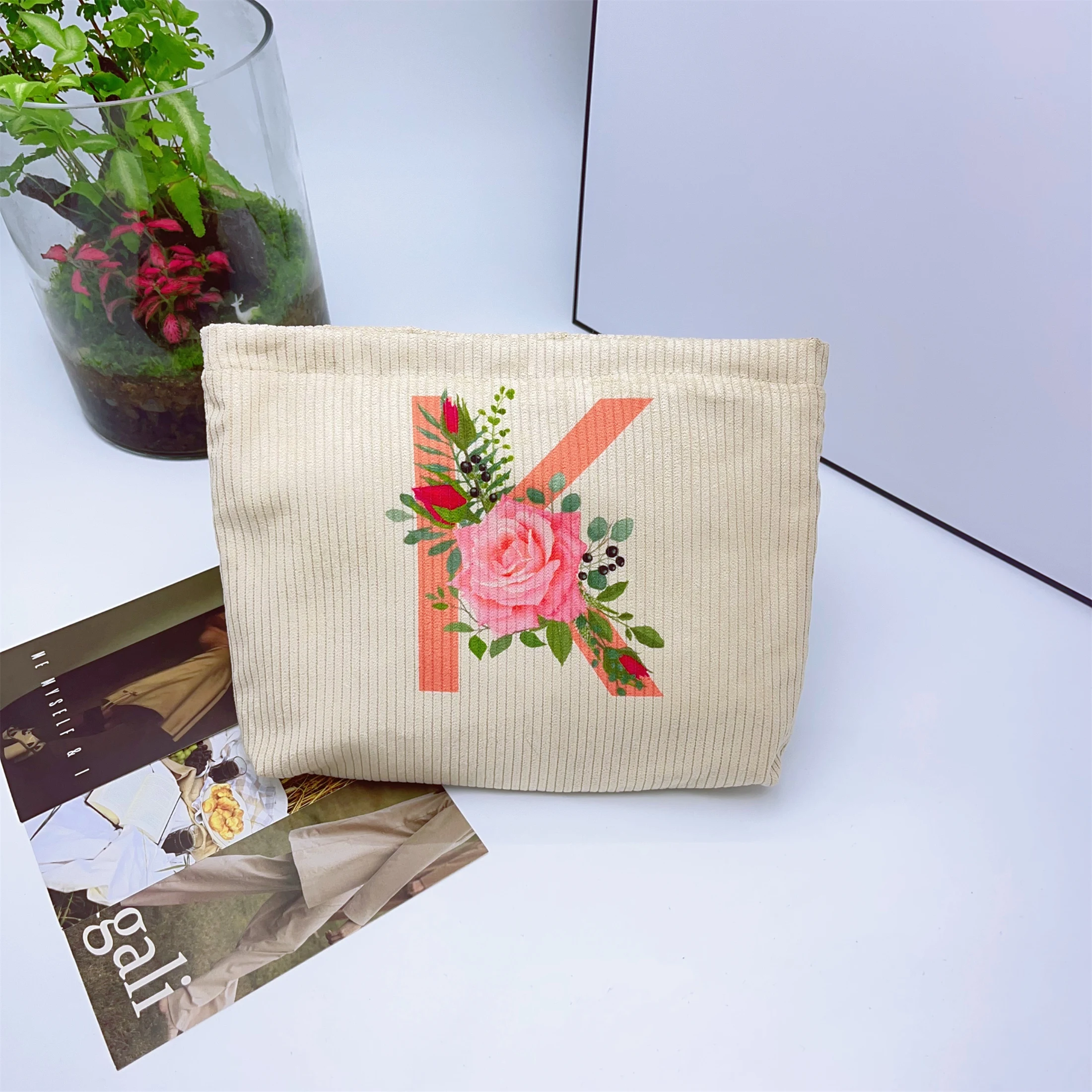 Cosmetic Bag Makeup Bag Corduroy Letter Rose Print Thick Canvas Lining Storage Mobile Wallet Pencil Case Portable Coin Purse