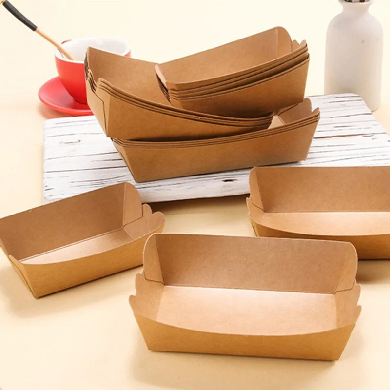 100pcs/lot Folding Kraft Paper Boat Shaped Trays Packing Box Disposable Sushi Food Serving Pastry Boxes