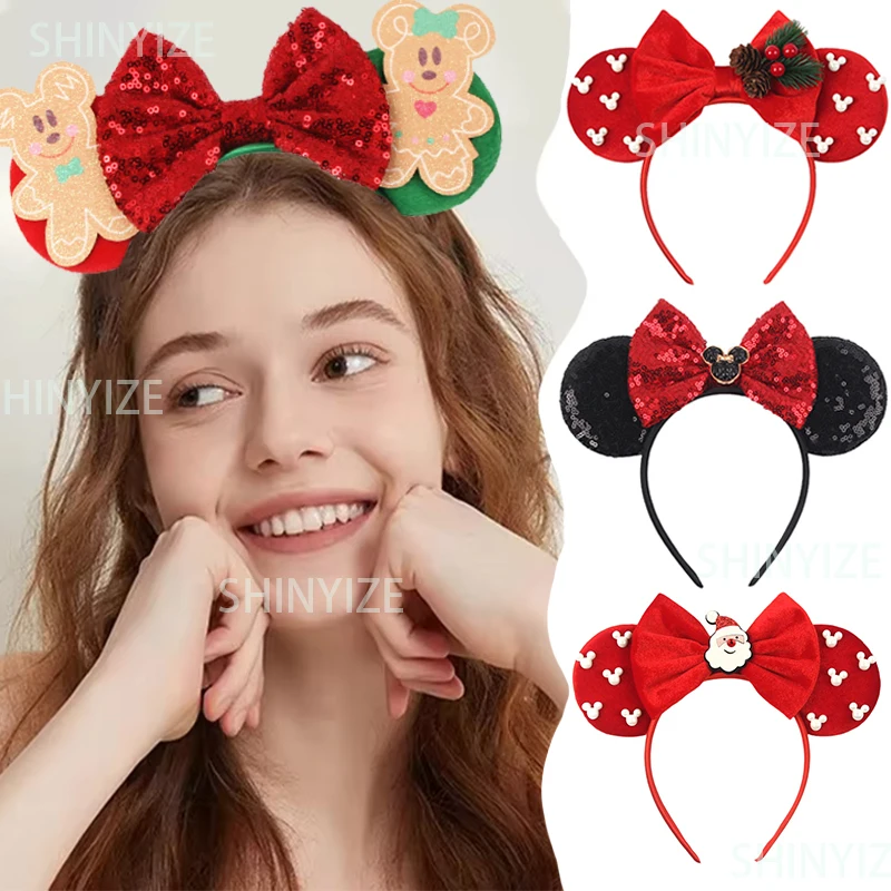 

Cute Christmas Gingerbread Mickey Ears Headband Girls Sequins Bow Festivall Party Hairband Disney DIY Hair Accessories Cartoon