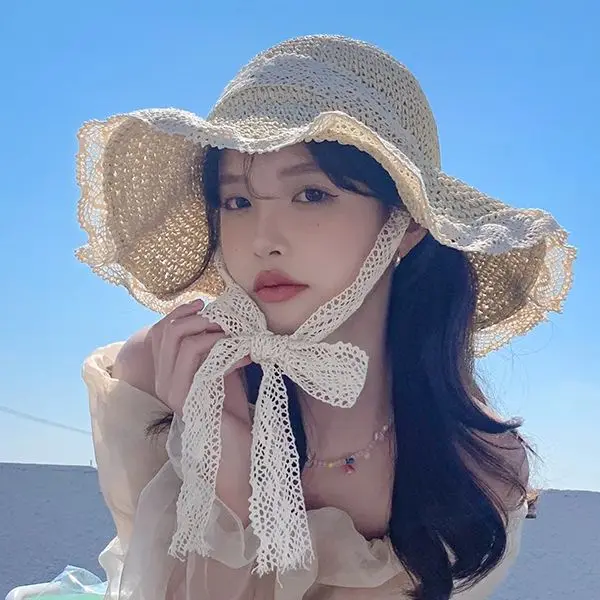 Fengyan Chapeau De Soleil Été Dentelle Pour Femme - Chapeau Paille Large Bord Plage, Casquette Souple à Franges, Style Élégant Et Vintage