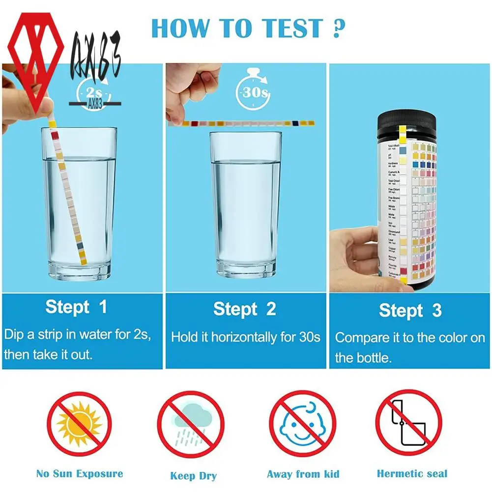 

AX83-100PCS 16 In 1 Water Test Kits Drinking Water Testing Strips & Testing For PH,Lead,Chlorine