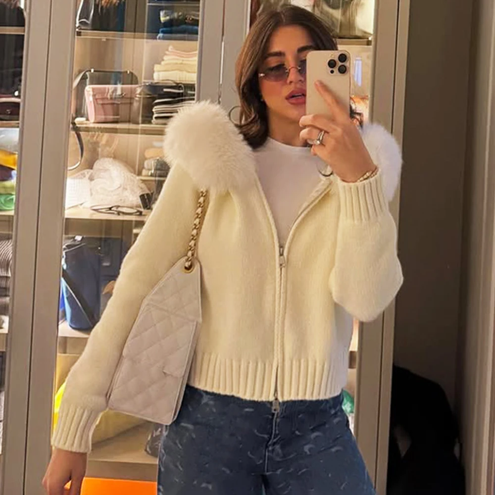 Talenza Winter Female Sweater Hoodie Cardigan Fluffy Zipper Patchwork Long Sleeve Ribbed Solid Knit jacket Coat Women's Cardigan