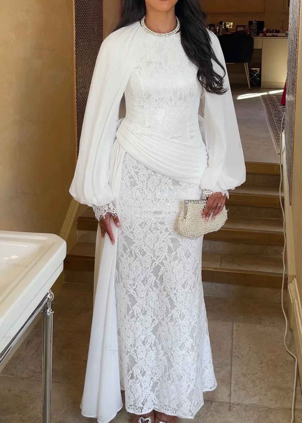 Image of Ciynsia Maßgeschneiderte Weiße Muslimische Spitzen-Abendkleider Meerjungfrauenstil Saudi-Arabien Lange Ärmel Formelles Kleid 2026 Robe De Soirée
