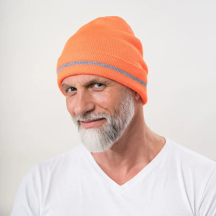 Reflektierende Strickmütze, Sicherheitsmütze für Erwachsene, hohe Sichtbarkeit, Neon-Winter-Strickmütze mit Herren und Damen für Nachtlaufsport – Detail 8