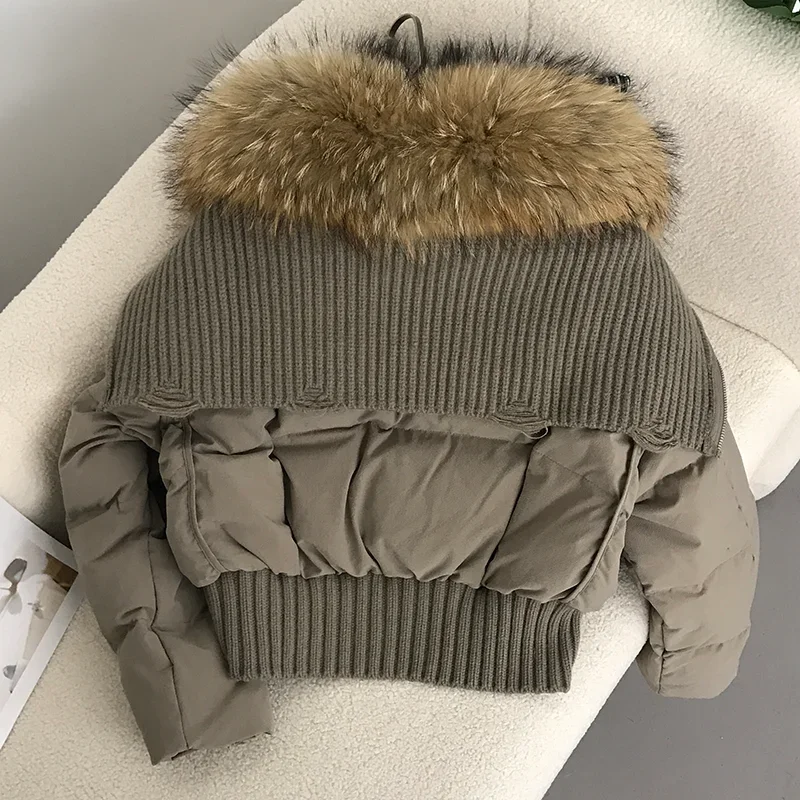 MENINA BONITA 2023 Natural Real Raccoon Fur Collar Winter Women White Duck Down Short Jacket Female Thick Warm Coat Outerwear