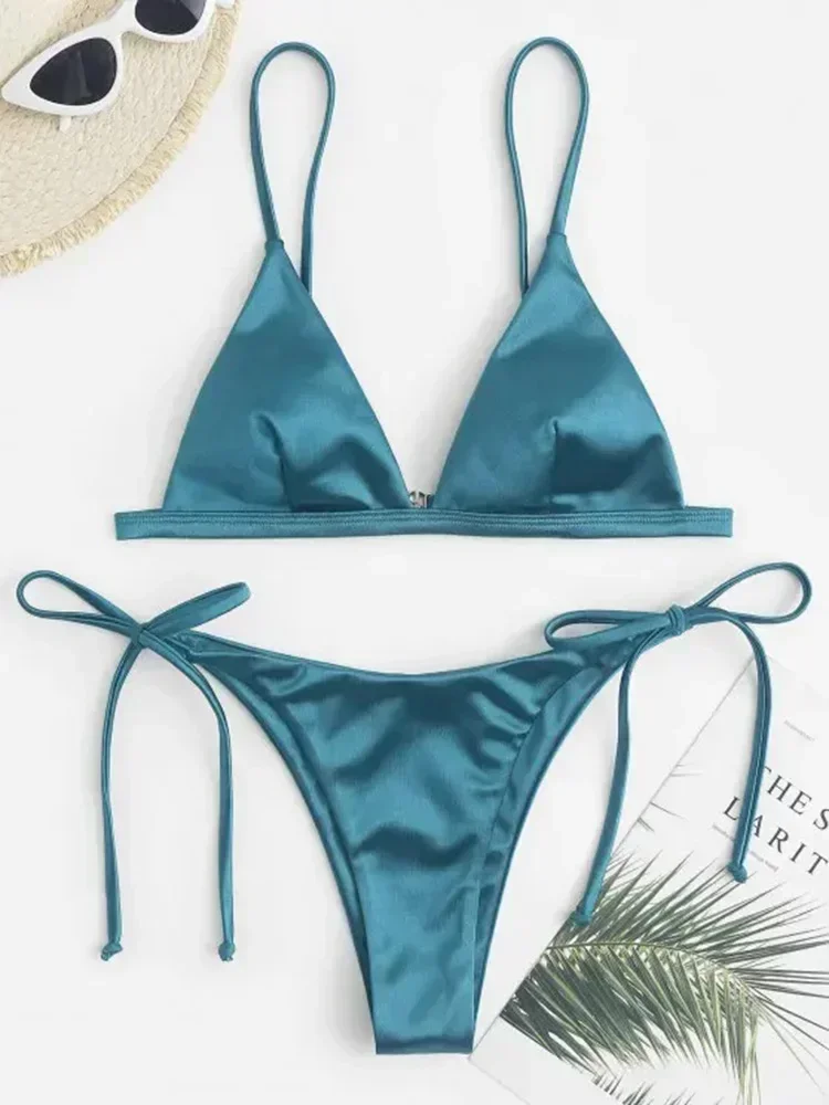 2025, metallischer Satin, hoher Schnitt, brasilianischer Bikini, Damen-Bademode, weiblicher Badeanzug, zweiteiliges Bikini-Set, Badeanzug, Schwimmen, Strandkleidung