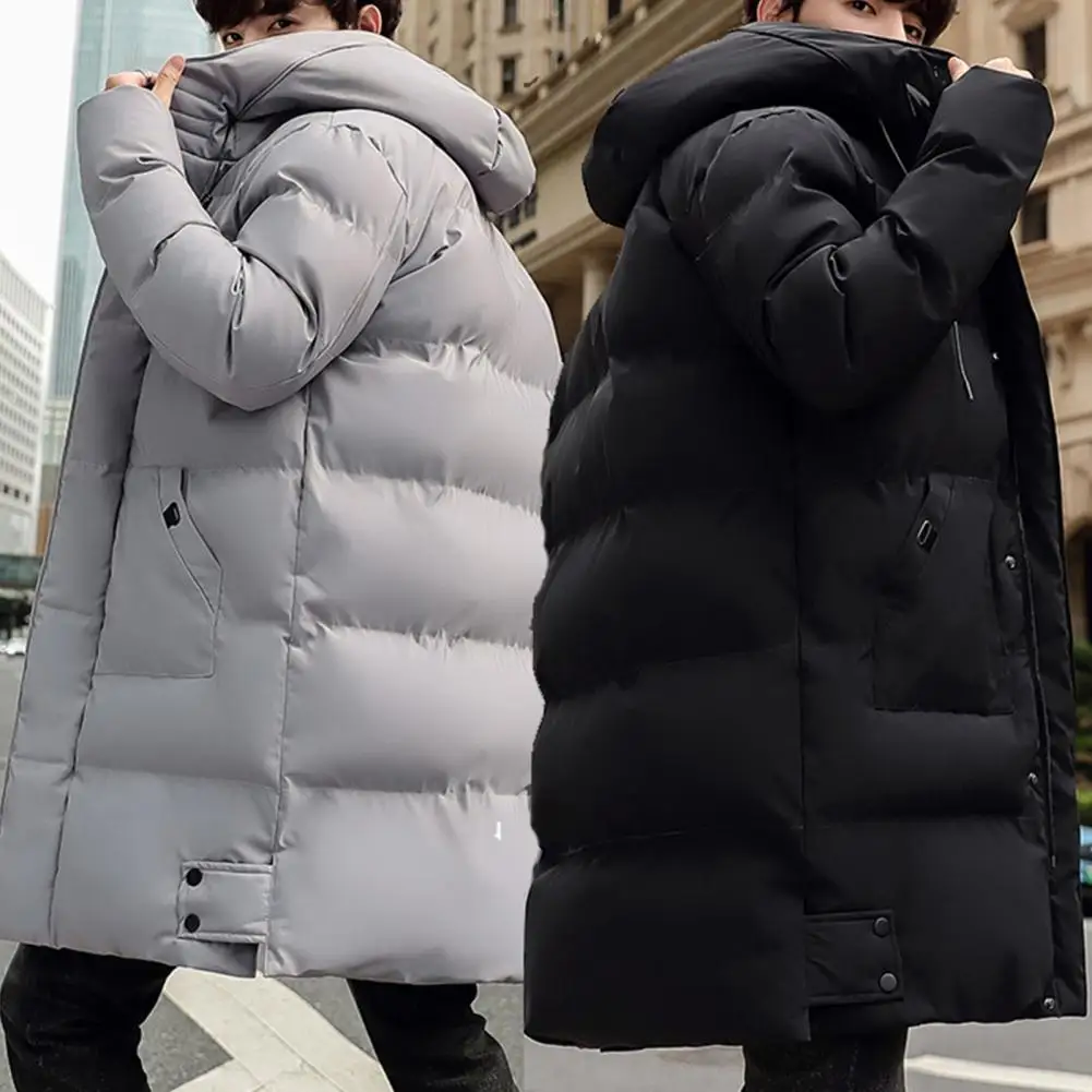 Casaco puffer de manga comprida masculino com cordão, jaqueta de comprimento médio, algodão quente, grosso, cor sólida