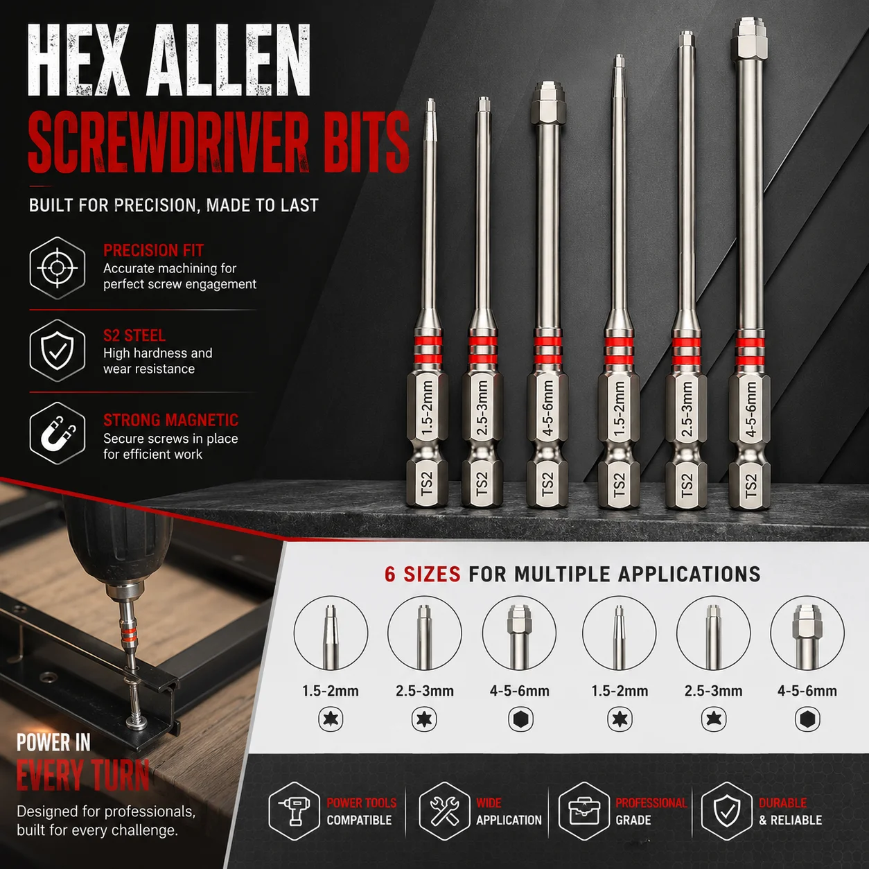Sechskant-Innensechskantschlüssel-Bohrer-Set, längere Ausführung, Kraft-Mutternschrauber-Bohrer-Set, Turmförmiger Sechskant-Mutternkopf, Handwerkzeuge