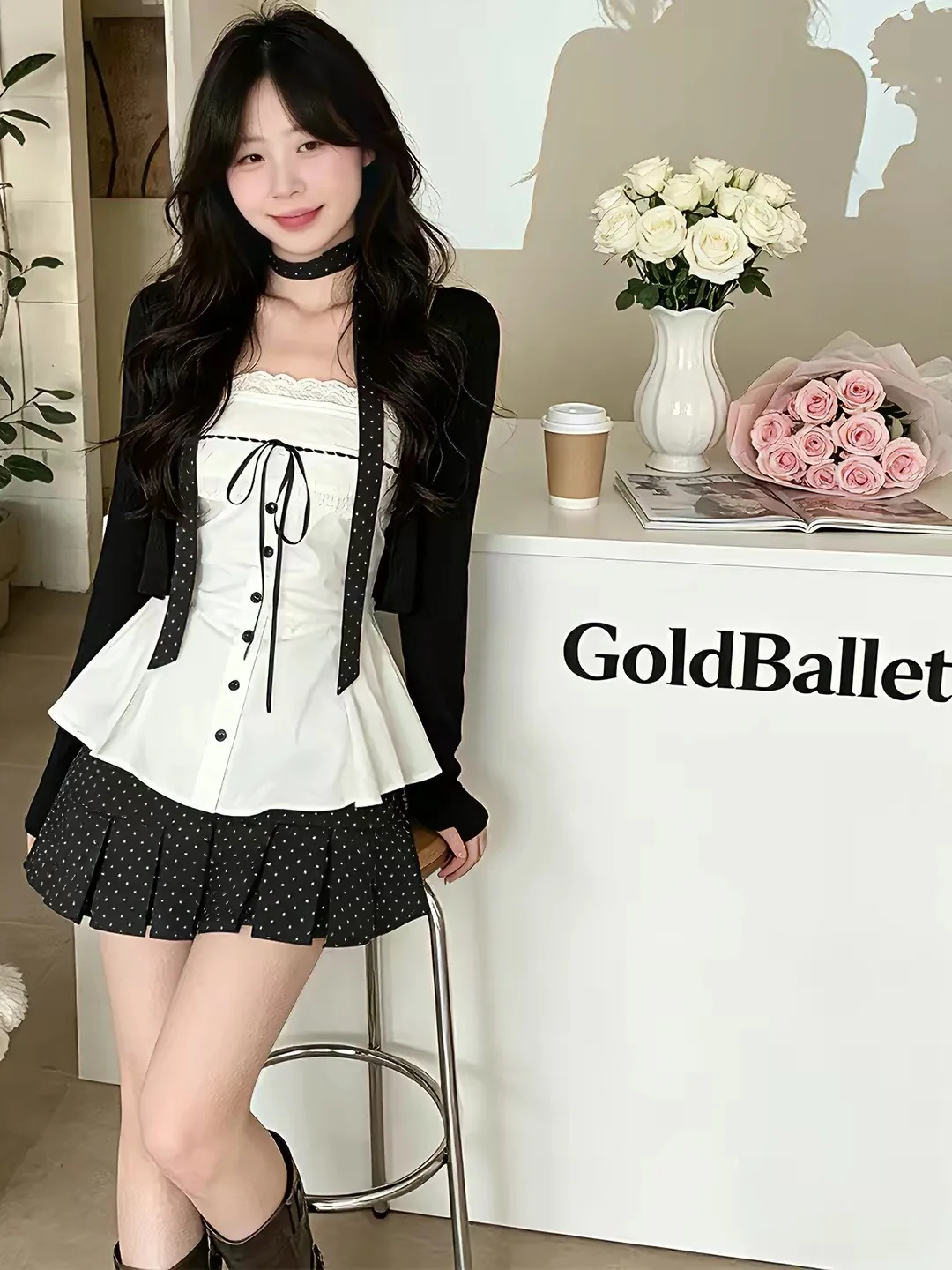 

Korean Style Three-Piece Set College Cardigan Sweet Knitted Bow Black Strapless Top Polka Dot Skirt Ensemble