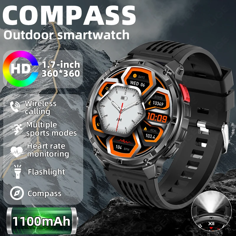 

LIGE 1100mAh Battery Smart Watch Men 1.7inch HD Screen LED Flashlight Outdoor Sports Watch Health Compass Waterproof Smartwatch
