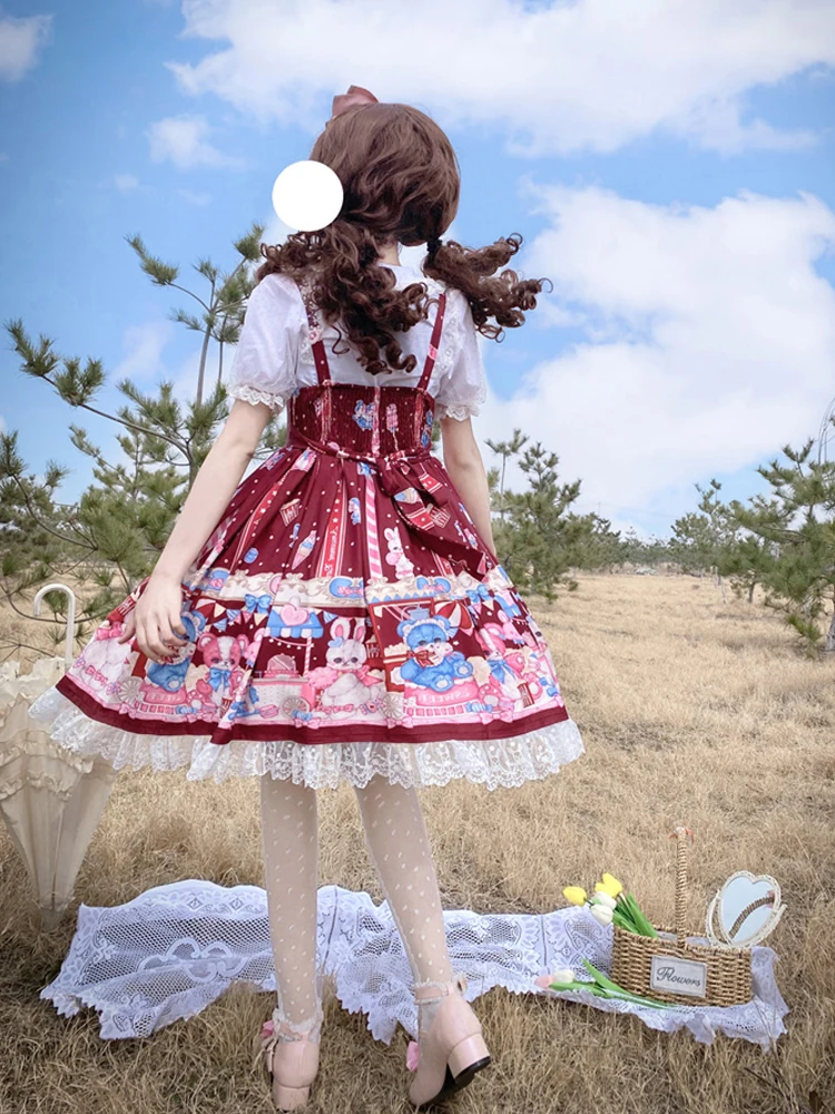 KIMOKOKM Kawaii Lolita Lovely Princess Style Dress Square Collar Bow Lace Ruffle Sleeveless Sweet Cartoon Printing Camisole Dres