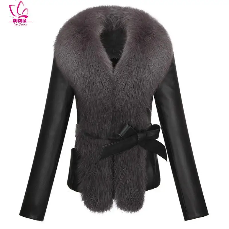 SUSOLA New Lady Winter Fur Coat Faux Fur Rabbit Fur Fox Fur Collar Long Leather Women Large Size Coat Outwear